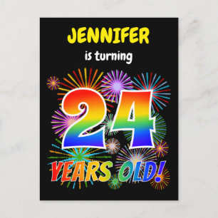 24th Birthday - Fun Fireworks, Rainbow Look "24" Postcard