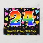 [ Thumbnail: 24th Birthday: Fun Hearts Pattern, Rainbow 24 Postcard ]