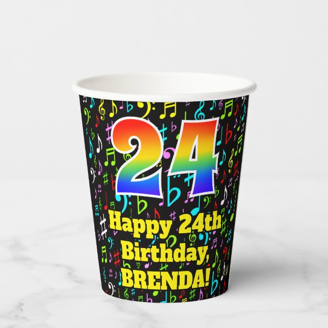 24th Birthday: Fun Music Notes Pattern, Rainbow 24 Paper Cups (Back)