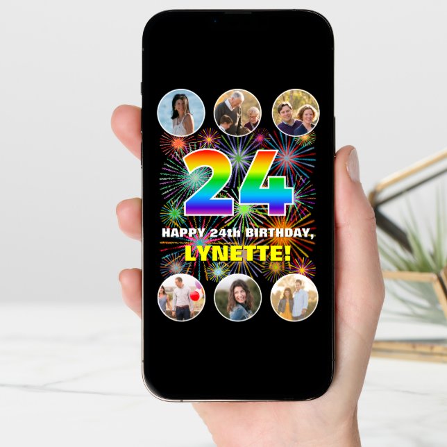 24th Birthday: Fun Rainbow #, Custom Name & Photos Card (Front Digital)
