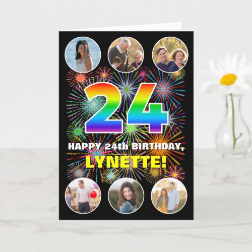24th Birthday Fun Rainbow  Custom Name  Photos Card