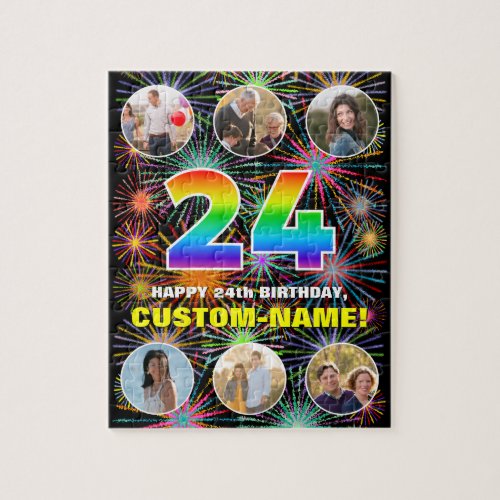 24th Birthday Fun Rainbow  Custom Name  Photos Jigsaw Puzzle
