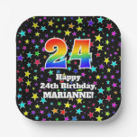 [ Thumbnail: 24th Birthday: Fun Stars Pattern and Rainbow “24” Paper Plates ]