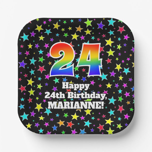 24th Birthday: Fun Stars Pattern and Rainbow “24” Paper Plates (Front)