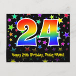 [ Thumbnail: 24th Birthday: Fun Stars Pattern, Rainbow 24, Name Postcard ]