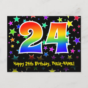 24th Birthday: Fun Stars Pattern, Rainbow 24, Name Postcard