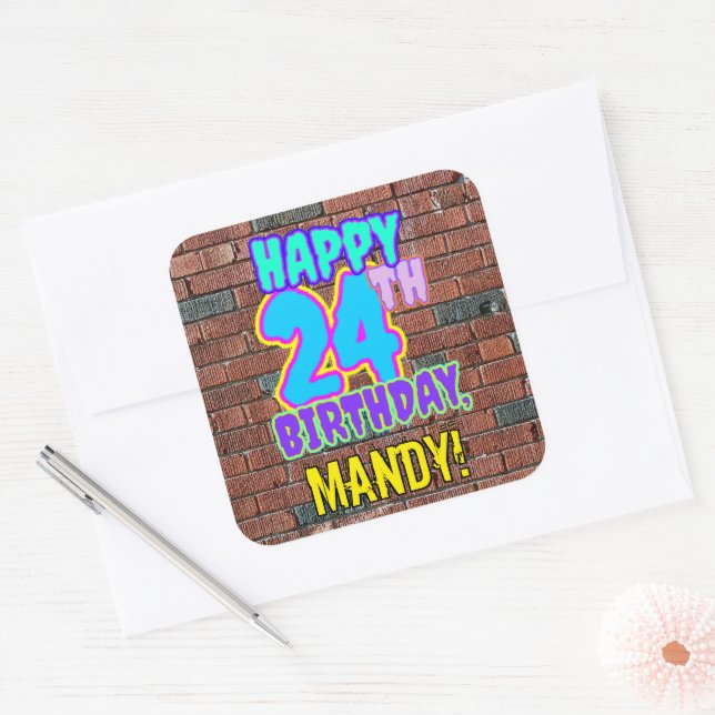 24th Birthday – Fun, Urban Graffiti Inspired Look Square Sticker (Envelope)