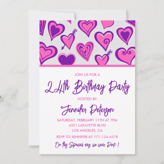 24th birthday invitations Glam Pink Heart (Front)