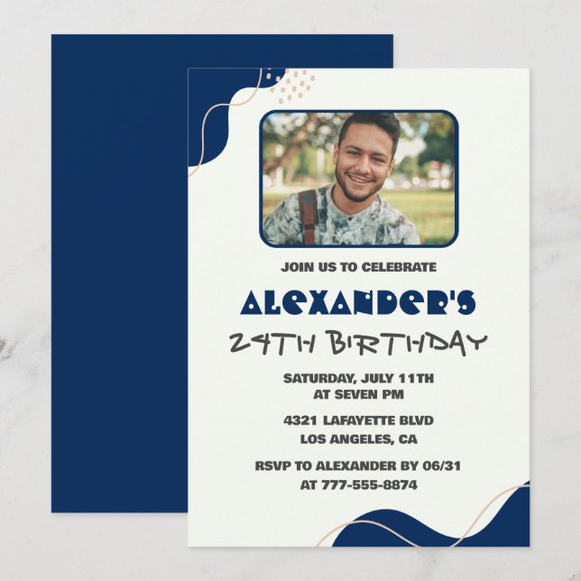 24th birthday invitations Men Navy Simple Photo (Front/Back)