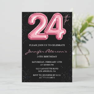 24th birthday invitations Pink Balloon Glam Black