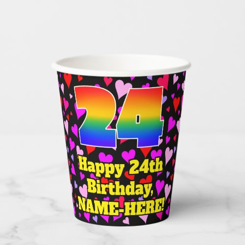 24th Birthday Loving Hearts Pattern Rainbow 24 Paper Cups