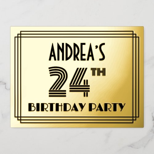 24th Birthday Party  Art Deco Style 24  Name Foil Invitation Postcard