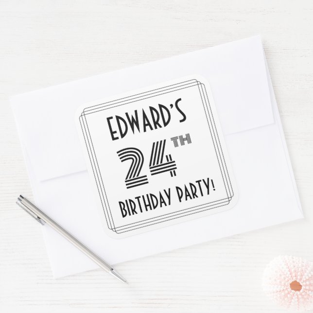24th Birthday Party: Art Deco Style + Custom Name Square Sticker (Envelope)