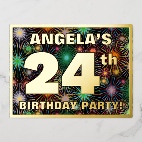 24th Birthday Party Bold Colorful Fireworks Look Foil Invitation Postcard