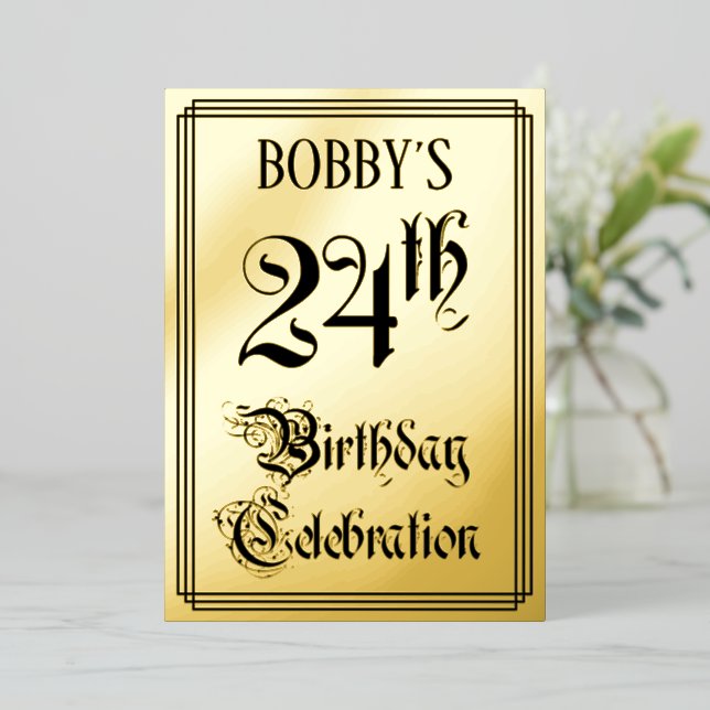 24th Birthday Party — Elegant Script + Custom Name Foil Invitation (Standing Front)