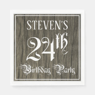 24th Birthday Party — Fancy Script, Faux Wood Look Napkins