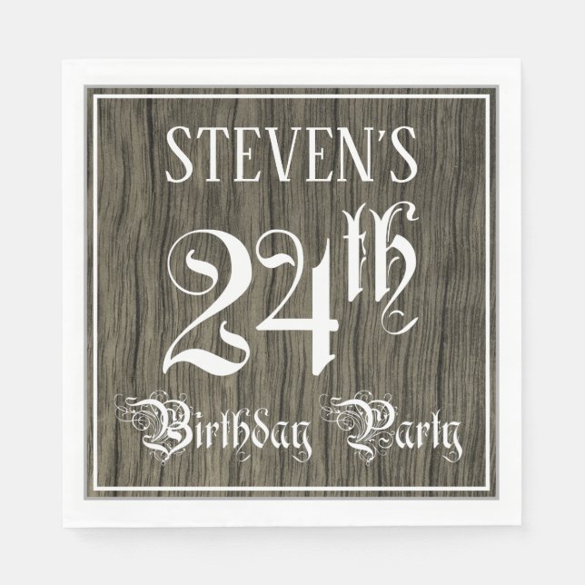 24th Birthday Party — Fancy Script, Faux Wood Look Napkins (Front)