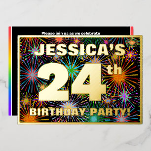 24th Birthday Party — Fun, Colorful Fireworks Look Foil Invitation