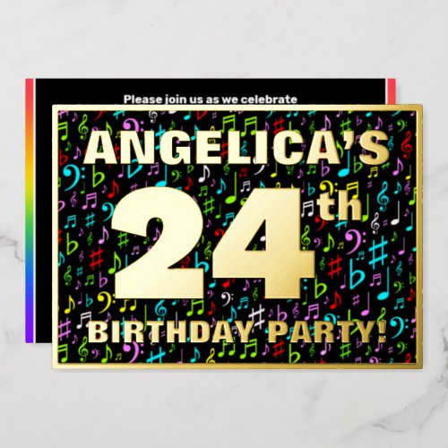 24th Birthday Party  Fun Colorful Music Symbols Foil Invitation