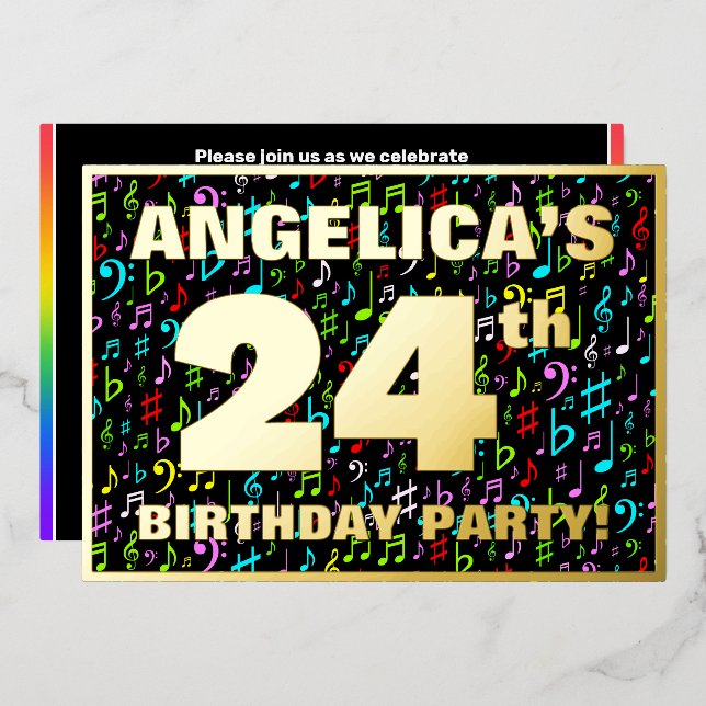24th Birthday Party — Fun, Colorful Music Symbols Foil Invitation (Front/Back)