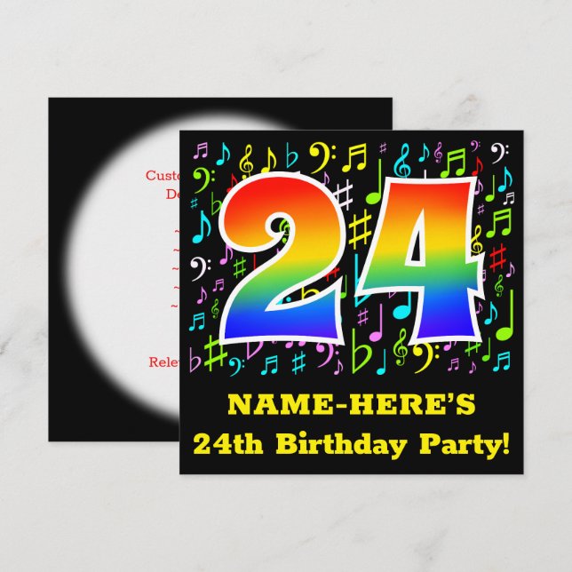 24th Birthday Party: Fun Music Symbols, Rainbow 24 Invitation (Front/Back)