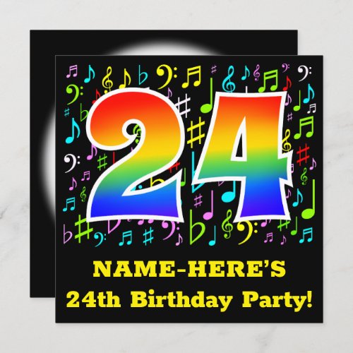 24th Birthday Party Fun Music Symbols Rainbow 24 Invitation