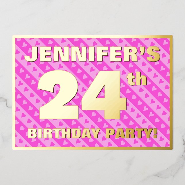 24th Birthday Party — Fun Pink Hearts and Stripes Foil Invitation (Front)