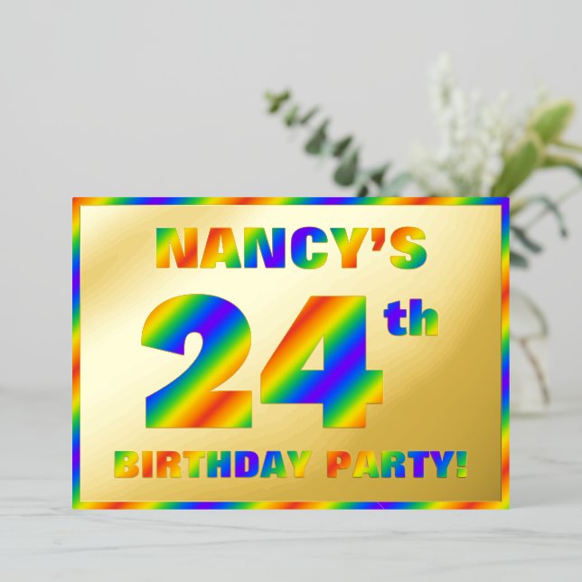 24th Birthday Party — Fun, Rainbow Spectrum “24” Foil Invitation (Standing Front)