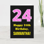[ Thumbnail: 24th Birthday: Pink Stripes and Hearts "24" + Name Card ]