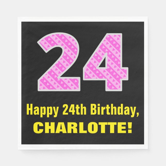 24th Birthday: Pink Stripes and Hearts "24" + Name Napkins (Front)