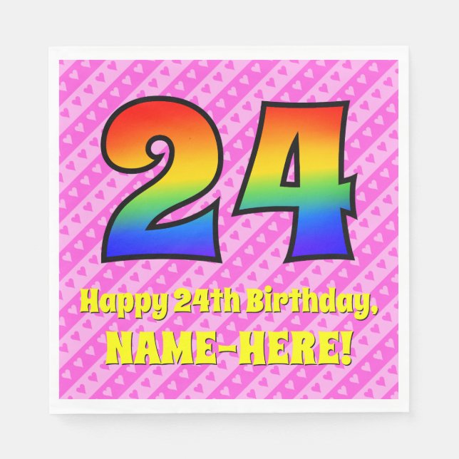 24th Birthday: Pink Stripes & Hearts, Rainbow # 24 Napkins (Front)