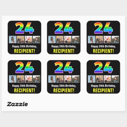 24th Birthday Rainbow âœ24â Custom Photos  Name Square Sticker