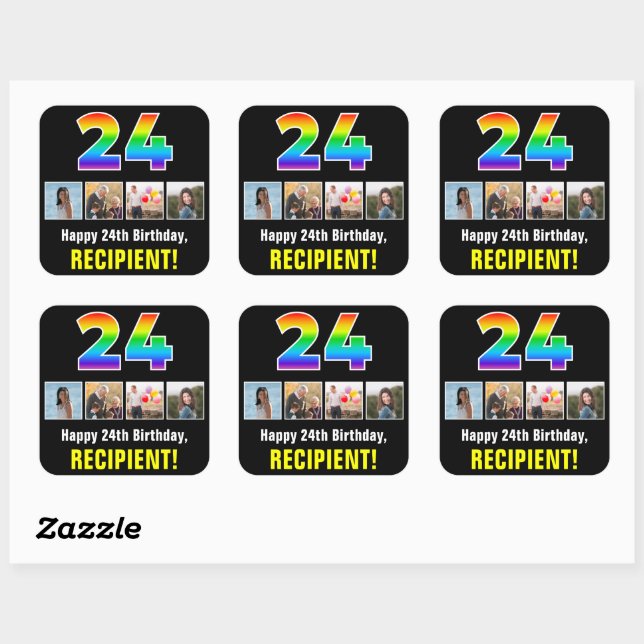 24th Birthday: Rainbow “24”; Custom Photos & Name Square Sticker (Sheet)