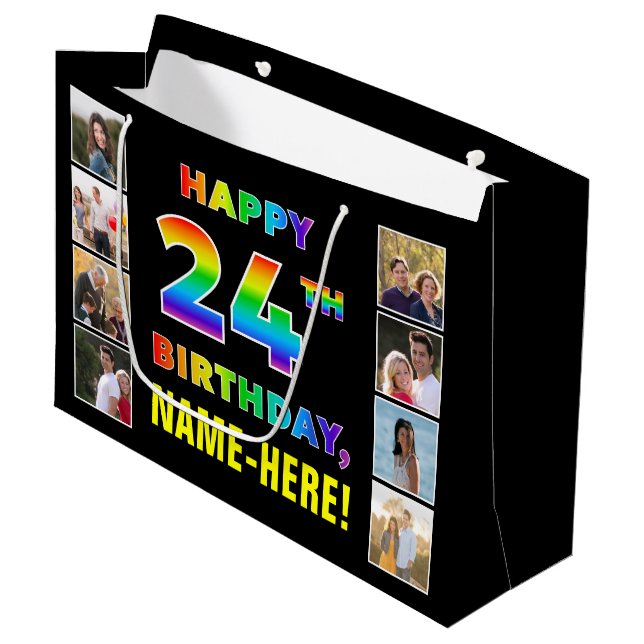24th Birthday: Rainbow Text, Custom Photos & Name Large Gift Bag (Front Angled)