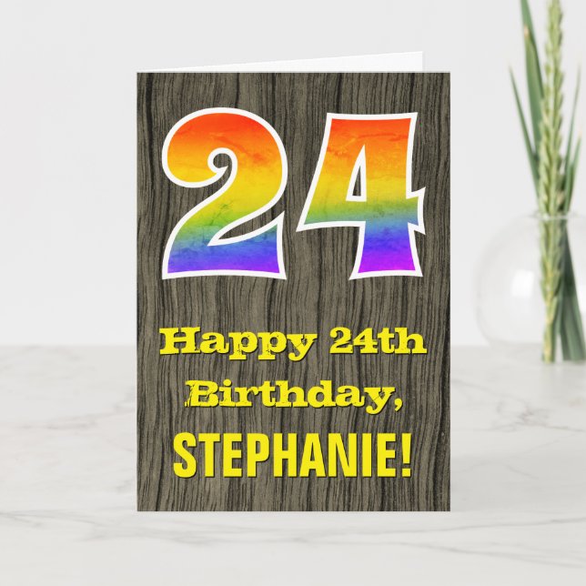 24th Birthday: Rustic Faux Wood Look, Rainbow "24" Card (Front)