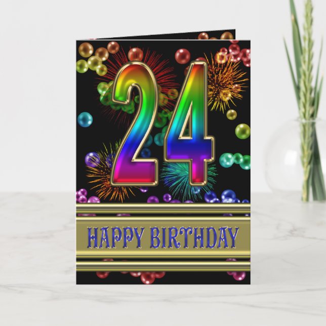 24th Birthday with rainbow bubbles and fireworks Card (Front)