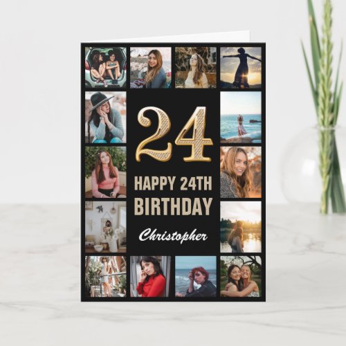24th Happy Birthday Black and Gold Photo Collage Card