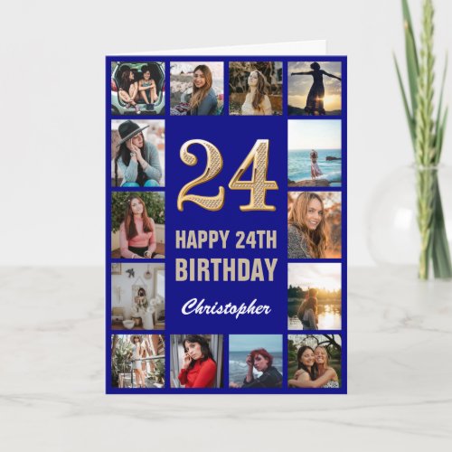 24th Happy Birthday Navy Blue  Gold Photo Collage Card