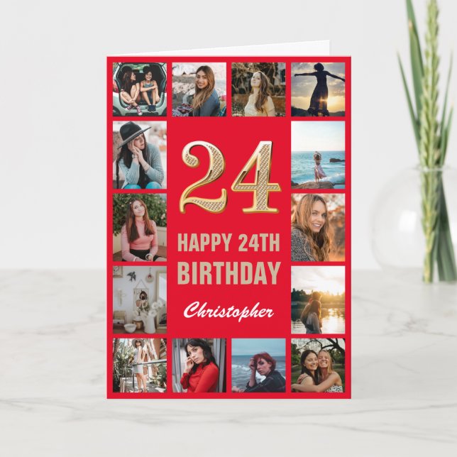24th Happy Birthday Red and Gold Photo Collage Card (Front)
