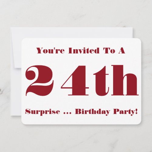 24th Surprise Birthday party Invite red and white Invitation