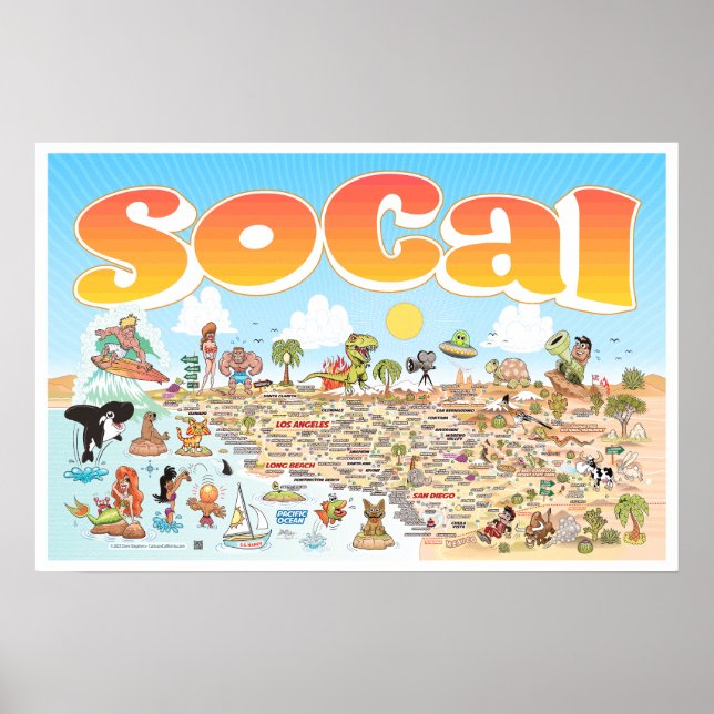 24X16 Southern California Cartoon Map Poster (Front)