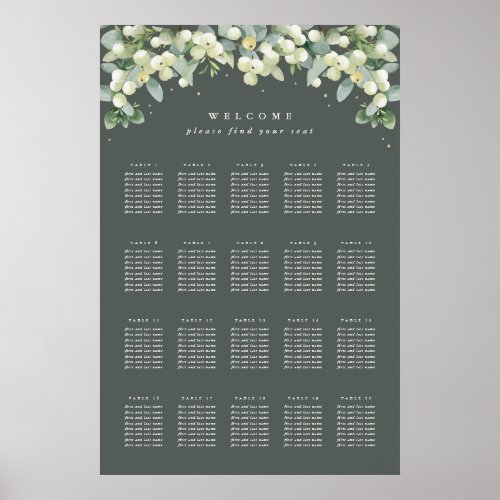 24x36 20 Tables of 8 Wedding Seating Chart Poster