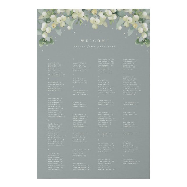 24x36" Alphabetical Seating Chart for 150 People Faux Canvas Print (Front)
