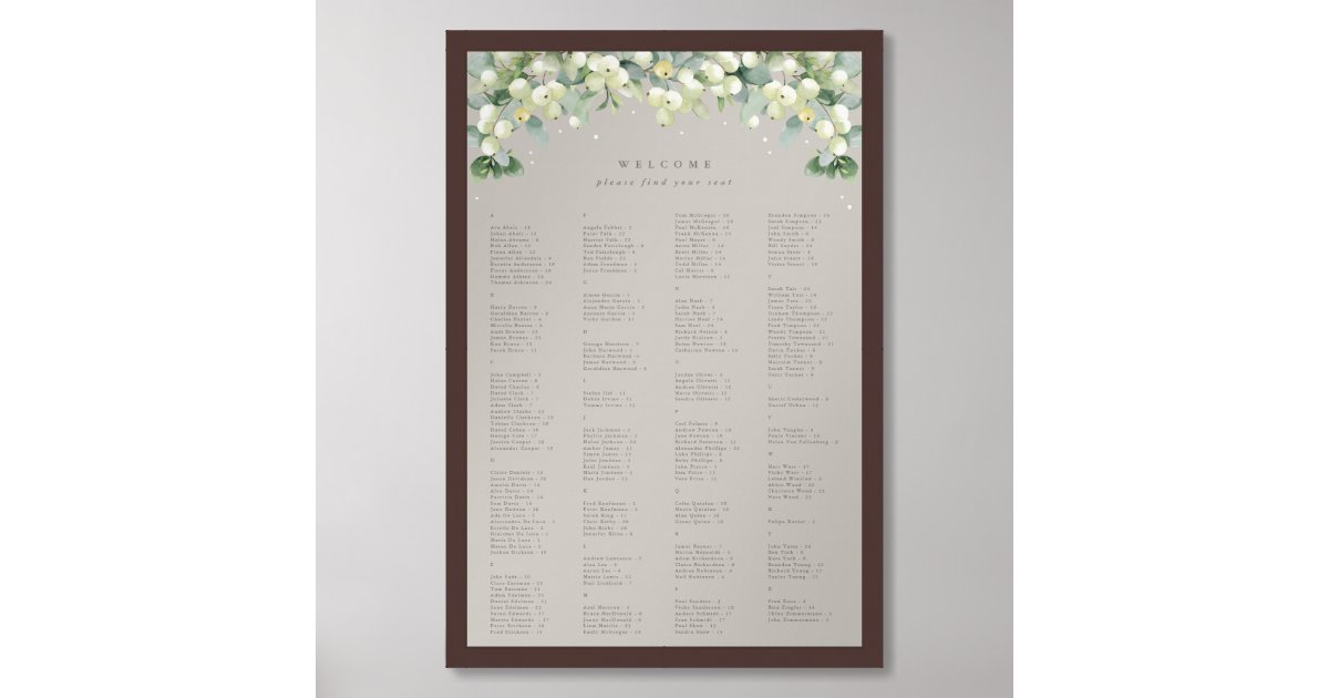 24x36" Alphabetical Seating Chart for 200 People Zazzle