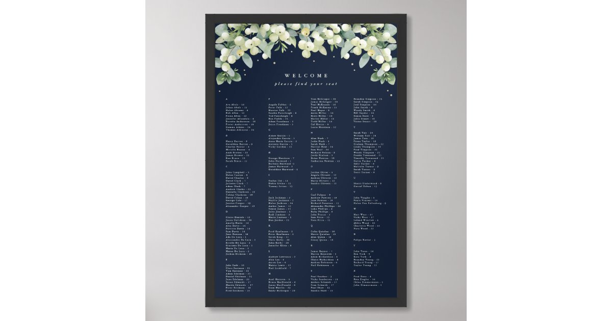 24x36" Alphabetical Seating Chart for 200 People Zazzle