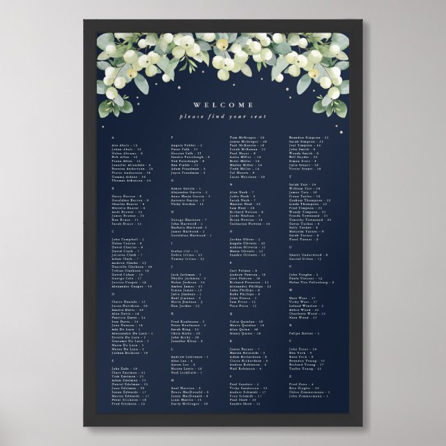 24x36" Alphabetical Seating Chart for 200 People (Framed Front)