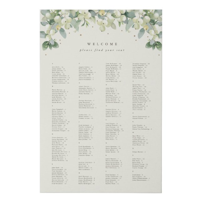 24x36" Alphabetical Seating Chart for 200 People Faux Canvas Print (Front)