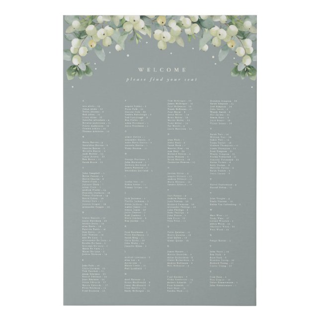 24x36" Alphabetical Seating Chart for 200 People Faux Canvas Print (Front)