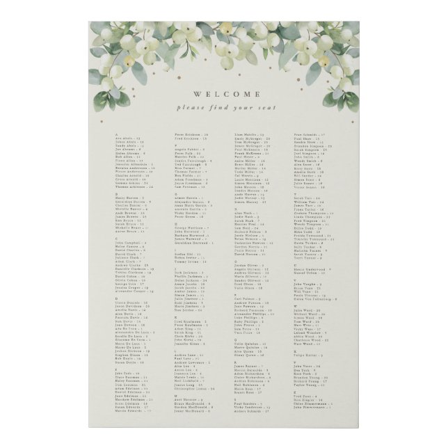 24x36" Alphabetical Seating Chart for 250 People Faux Canvas Print (Front)