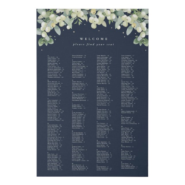 24x36" Alphabetical Seating Chart for 250 People Faux Canvas Print (Front)
